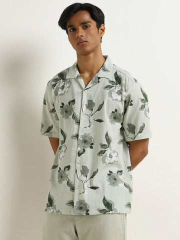 ETA Light Sage Floral Printed Relaxed-Fit Cotton Shirt