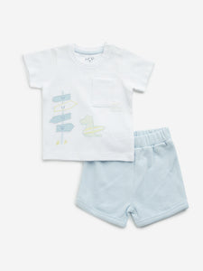 HOP Baby White & Light Blue Cotton T-Shirt with Shorts Set