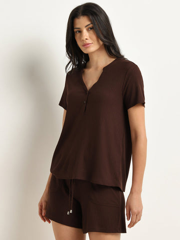 Wunderlove Dark Brown Ribbed Henley Top