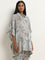 Utsa Dusty Blue Foliage Printed A-Line Kaftan Style Kurta