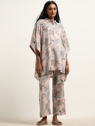 Utsa Light Pink Foliage Printed A-Line Kaftan style Kurta