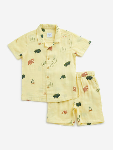 HOP Kids Yellow Camping-Inspired Cotton Shirt with Shorts Set