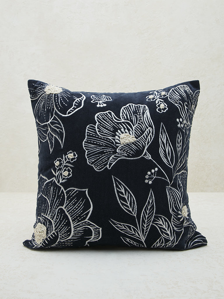 Westside Home Dark Navy Floral Embroidered Cushion Cover