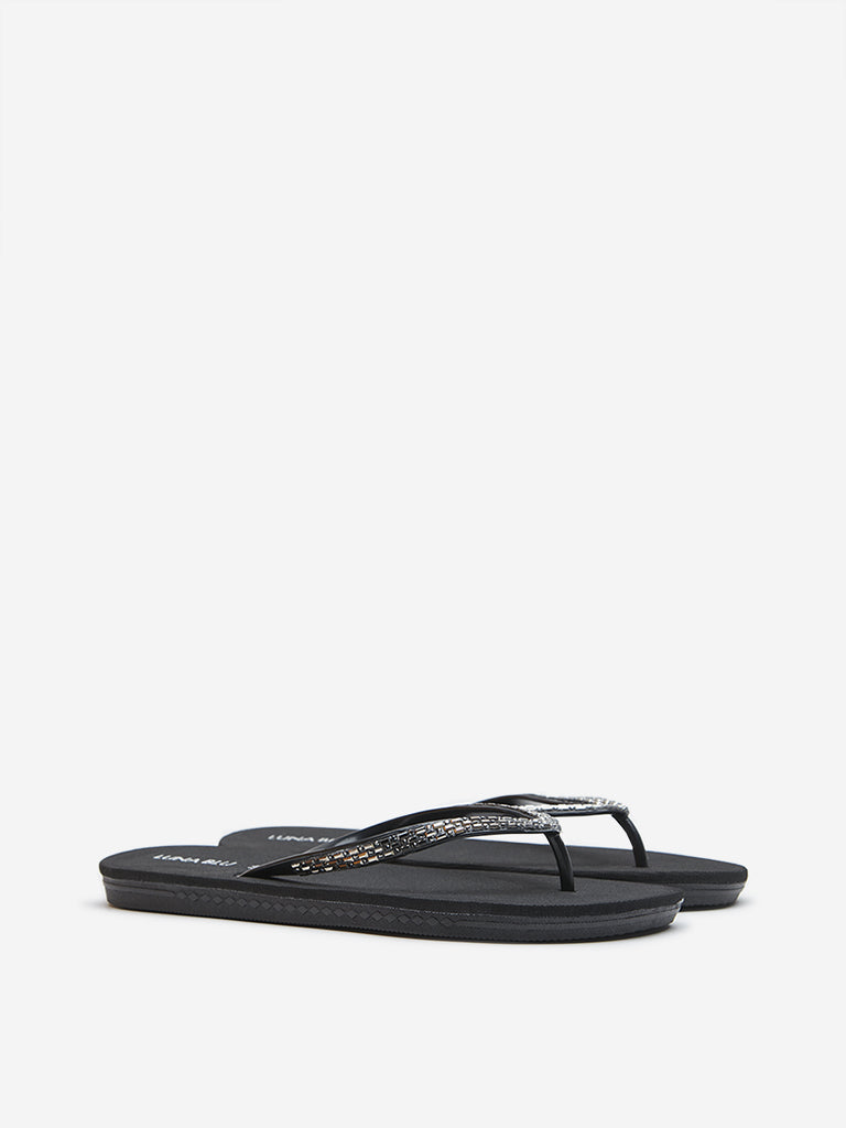 LUNA BLU Black Diamante Detailed Flip-Flop