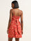 Nuon Red Floral Printed A-Line Blended Linen Dress