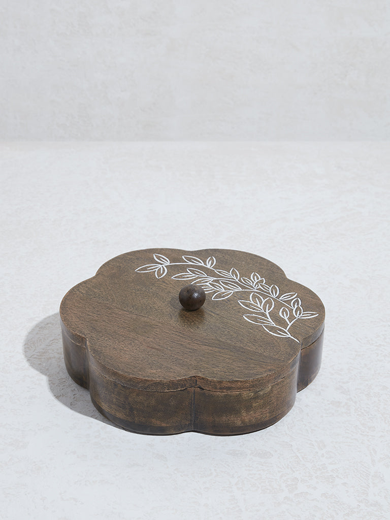 Westside Home Dark Brown Leaf Design Carved Spice Box