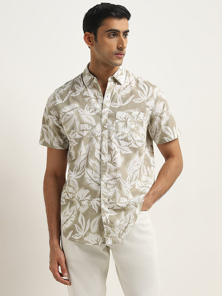 WES Casuals Sage Floral Printed Slim-Fit Cotton Shirt