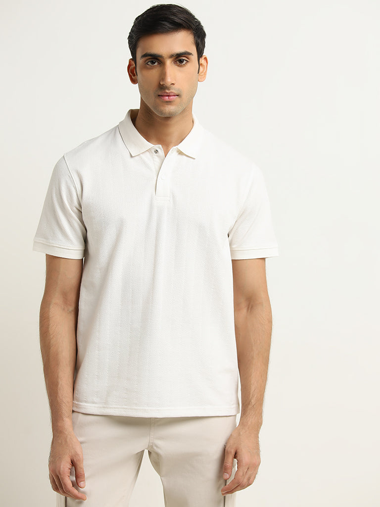 WES Casuals Off-White Striped Relaxed-Fit Polo T-Shirt