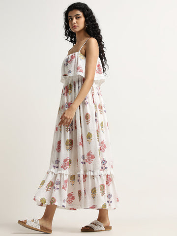 Bombay Paisley White Floral Printed Tiered Cotton Dress