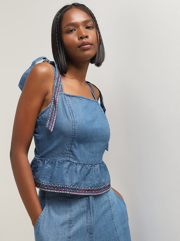 Bombay Paisley Blue Peplum Denim Top