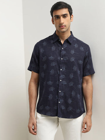 Ascot Navy Foliage Printed Relaxed-Fit Blended Linen Shirt