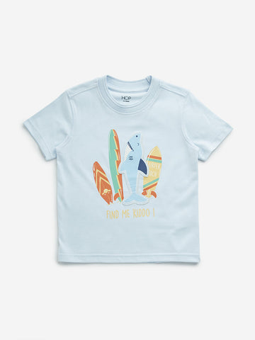 HOP Kids Light Blue Shark Applique Cotton T-Shirt