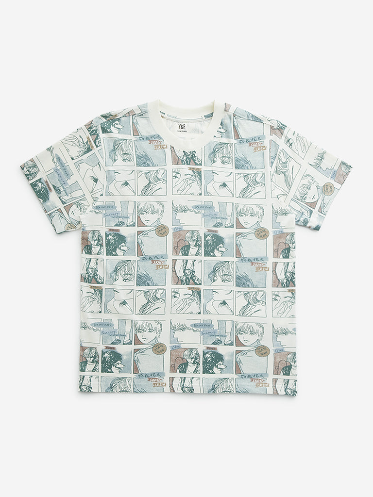 Y&F Kids Off-White Comic-Strip Design Cotton T-Shirt