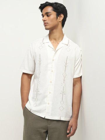 ETA White Embroidered Relaxed-Fit Cotton Blend Shirt