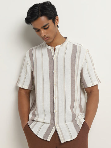 ETA Taupe Stripe Printed Resort-Fit Cotton Shirt