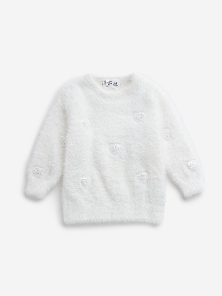 HOP Baby White Heart Embroidered Faux Fur Sweater