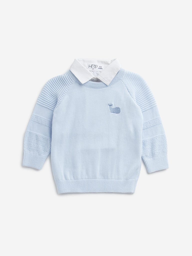 HOP Baby Light Blue Knit-Textured Cotton Sweatshirt