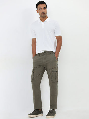 WES Casuals Olive Cargo-Style Relaxed-Fit Mid-Rise Cotton Blend Chinos