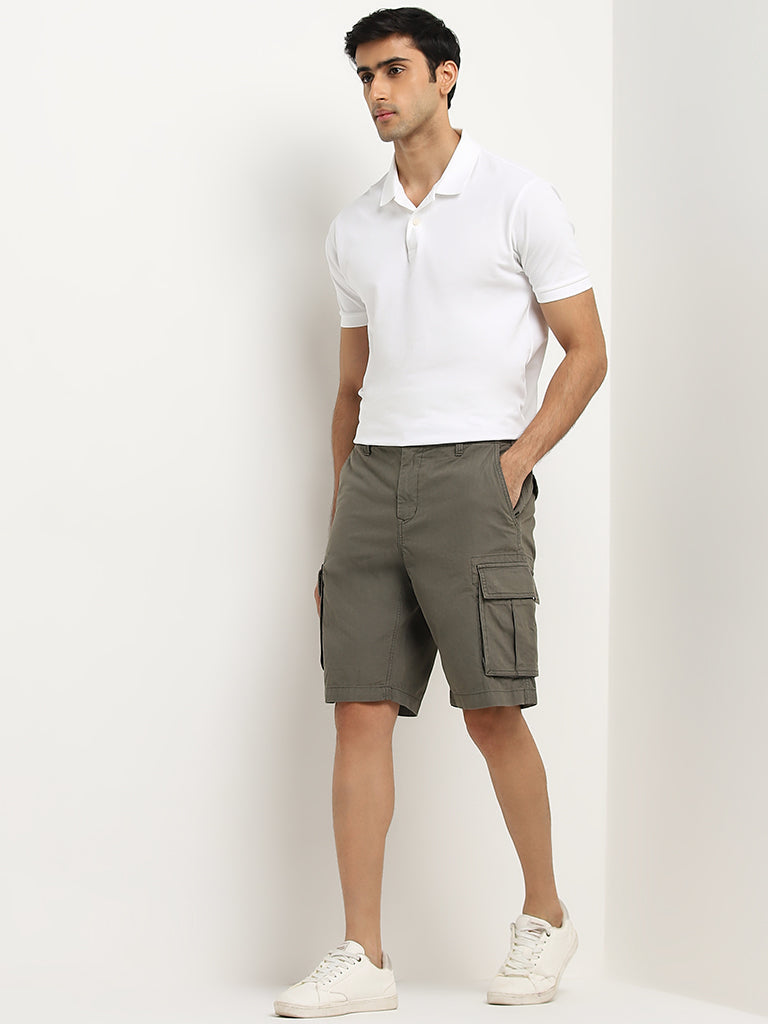 WES Casuals Olive Relaxed-Fit Mid-Rise Cotton Shorts