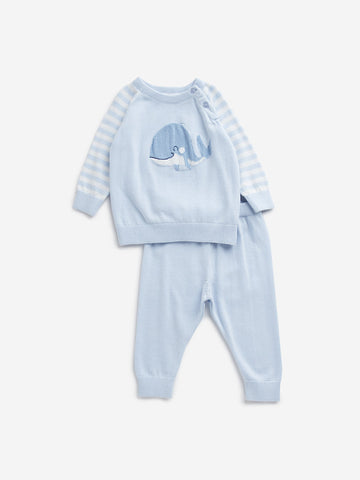 HOP Baby Light Blue Animal Design Cotton Sweater & Pants Set