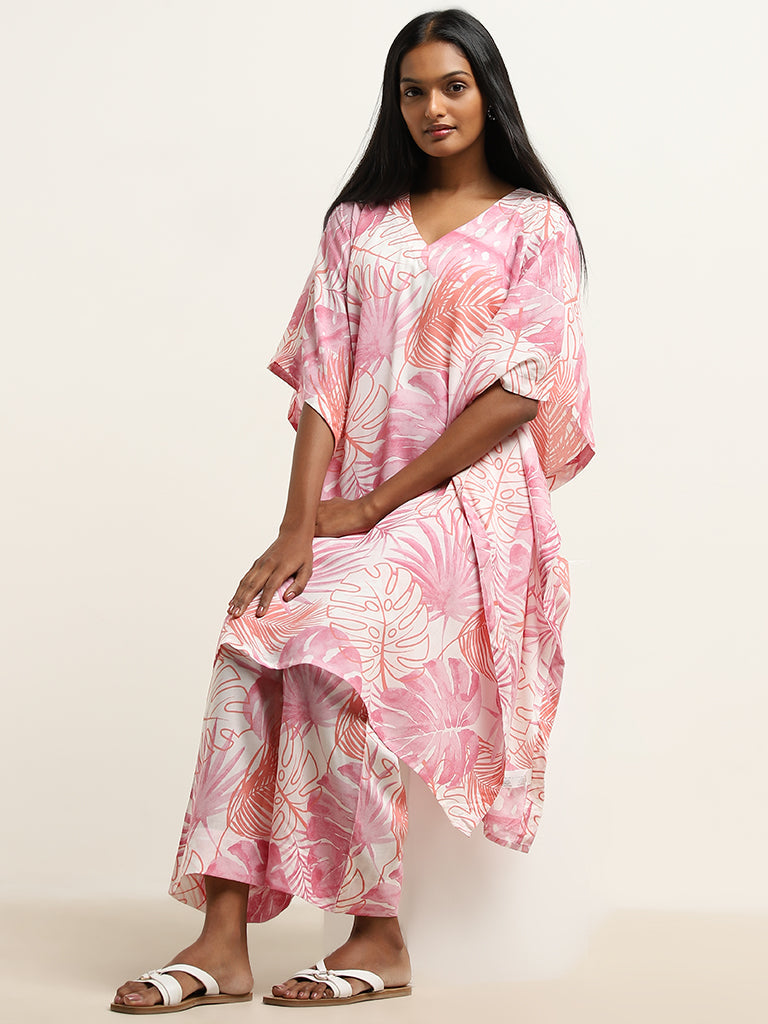 Utsa Pink Leaf Patterned A-Line Kaftan-Style Kurta