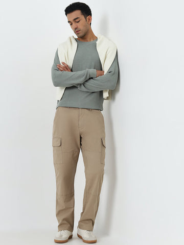 WES Casuals Beige Cargo-Style Relaxed-Fit Mid-Rise Cotton Blend Chinos