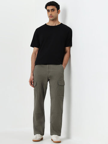 WES Casuals Olive Relaxed-Fit Mid-Rise Cotton Blend Pants