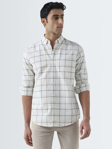 WES Casuals Light Taupe Checks Design Slim-Fit Cotton Shirt