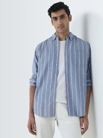 WES Casuals Blue Stripe Pattern Relaxed-Fit Cotton Shirt