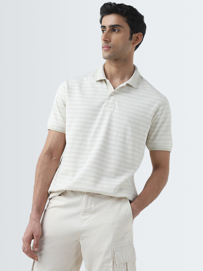 WES Casuals Beige Stripe Design Relaxed-Fit Polo T-Shirt