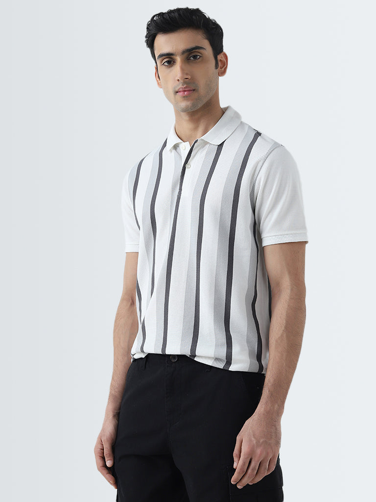 WES Casuals Grey Striped Relaxed-Fit Polo T-Shirt