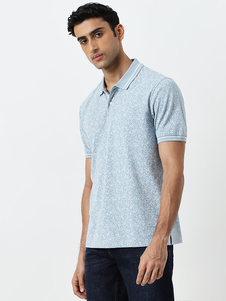 WES Casuals Dusty Blue Floral Printed Relaxed-Fit Polo T-Shirt