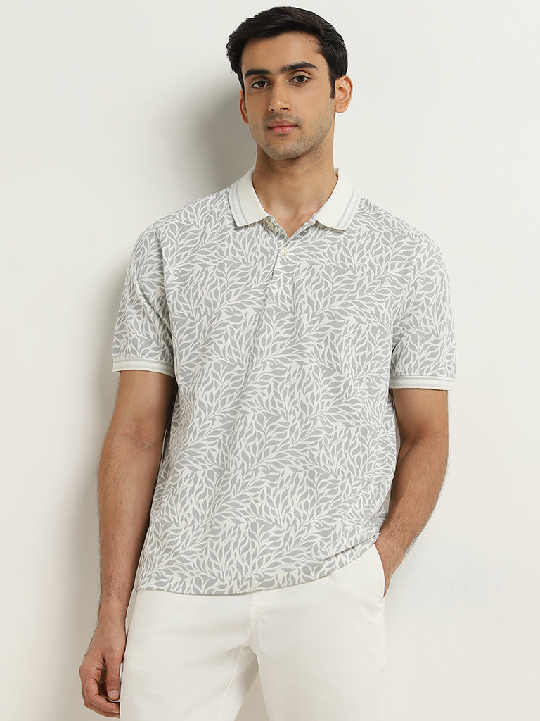 WES Casuals Grey Printed Relaxed-Fit Cotton Polo T-Shirt