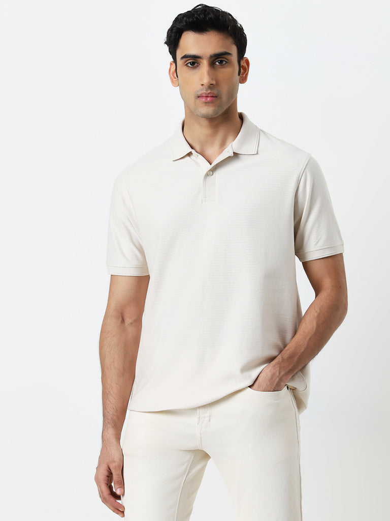 WES Casuals Light Beige Textured Relaxed-Fit Polo T-Shirt