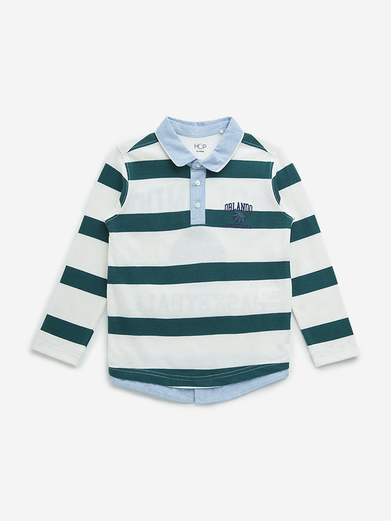 HOP Kids Green & White Striped Cotton Polo T-Shirt