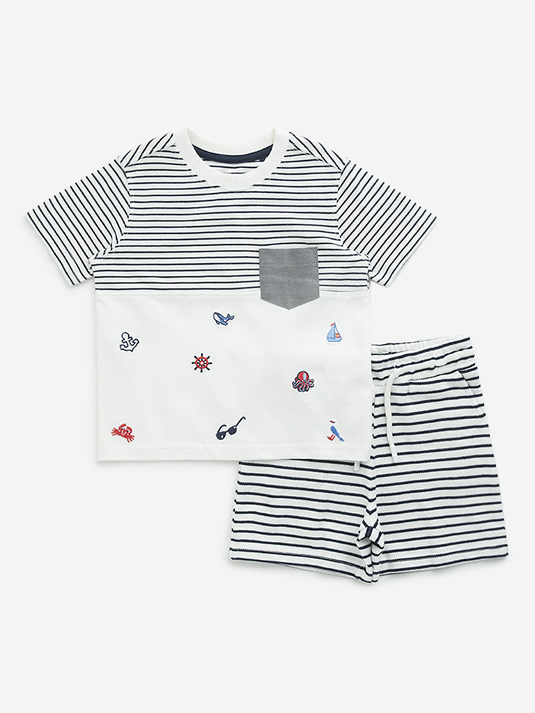 HOP Kids Navy Stripe Printed Cotton T-Shirt with Shorts Set