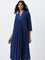 Utsa Dark Blue Embellished A-Line Cotton Kurta