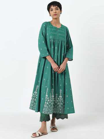 Utsa Dark Green Mirror-Work Detailed A-Line Cotton Kurta