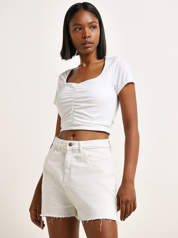 Nuon White Ruched Design Crop Top