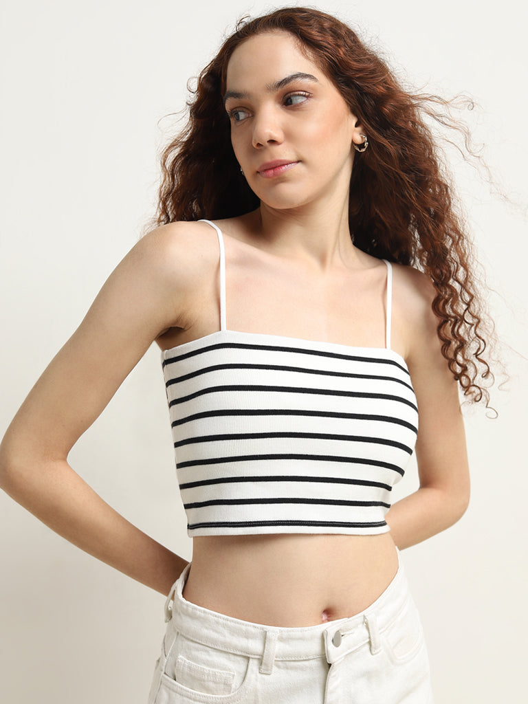 Nuon White Striped Knitted Cotton Blend Top