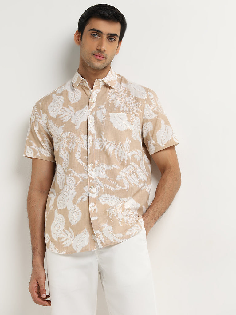 WES Casuals Beige Foliage Print Slim-Fit Cotton Shirt