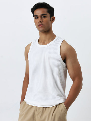 Nuon White Ribbed Textured Slim-Fit T-Shirt