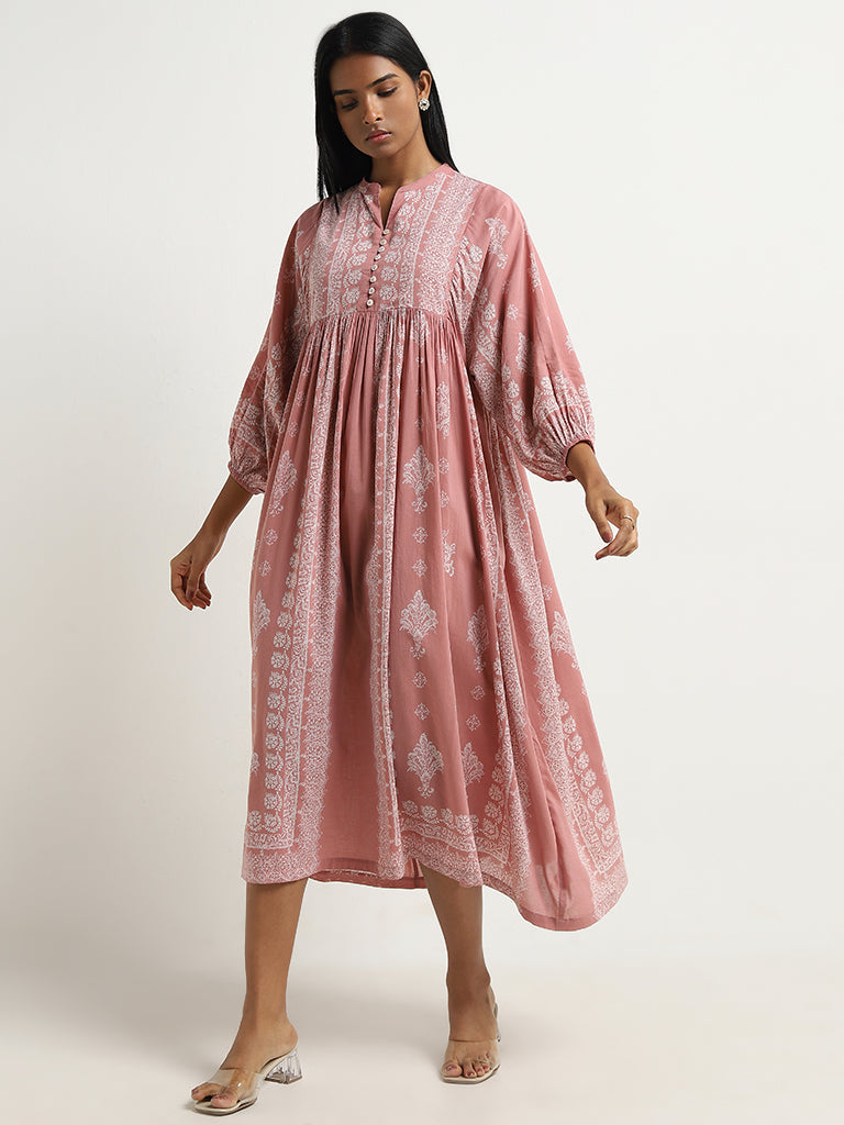 Zuba Dull Pink Abstract Printed Fit-and-Flare Dress