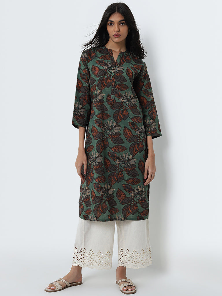 Utsa Green Foliage Printed Straight Cotton Kurta