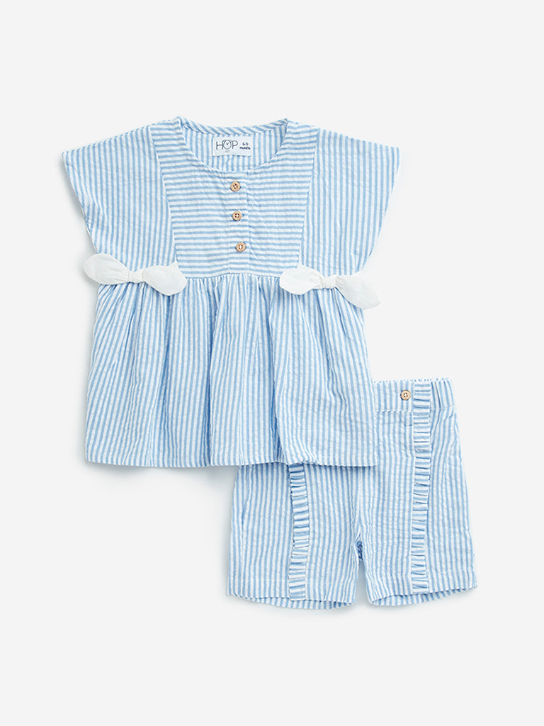 HOP Baby Blue Striped Cotton Top with Mid-Rise Shorts Set