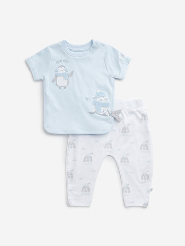 HOP Baby Light Blue Animal Print Cotton T-Shirt & Pants