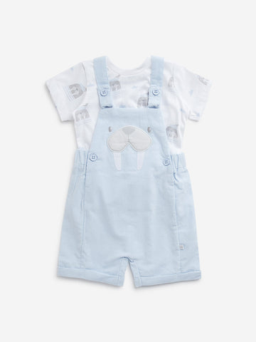 HOP Baby Light Blue Animal Print Dungaree & Cotton T-Shirt