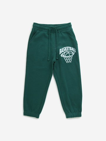 HOP Kids Dark Green Printed Mid-Rise Cotton Blend Joggers