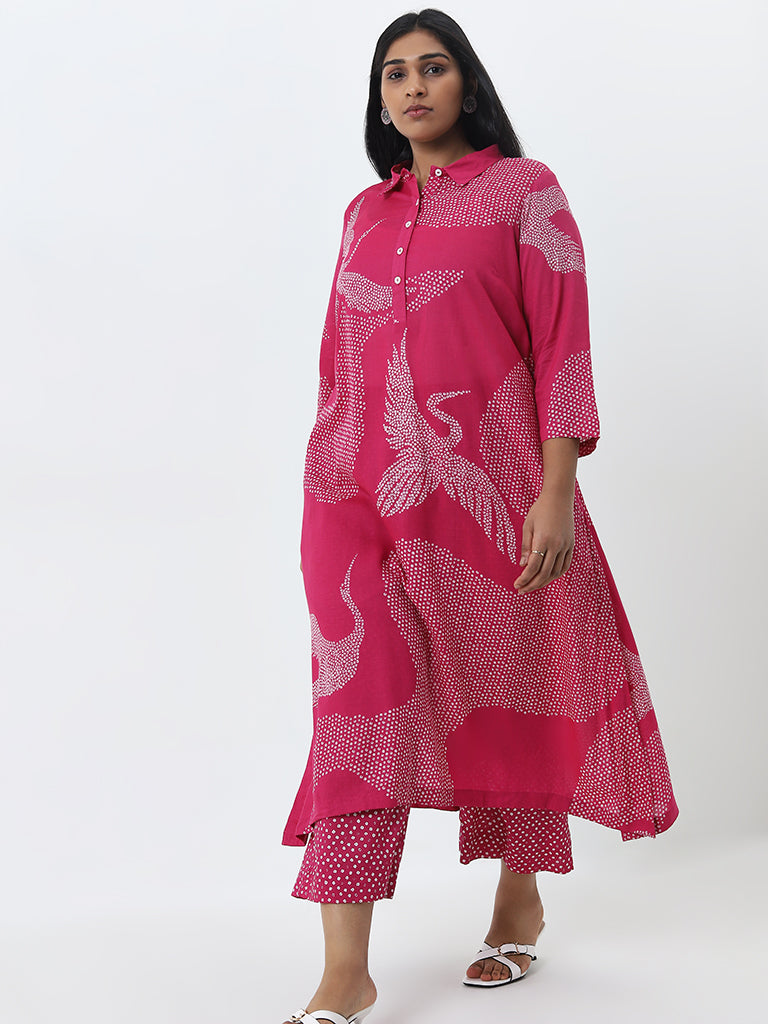 Diza Pink Bandhani Pattern A-line Cotton Kurta