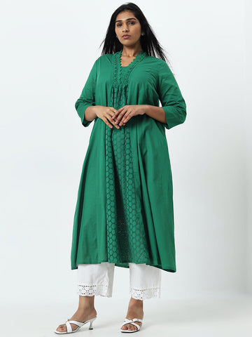 Diza Green Schiffli Design A-Line Cotton Kurta